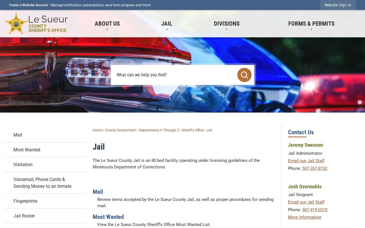 Le Sueur County jail capacity and contact page relevant to municipal warrant custody questions