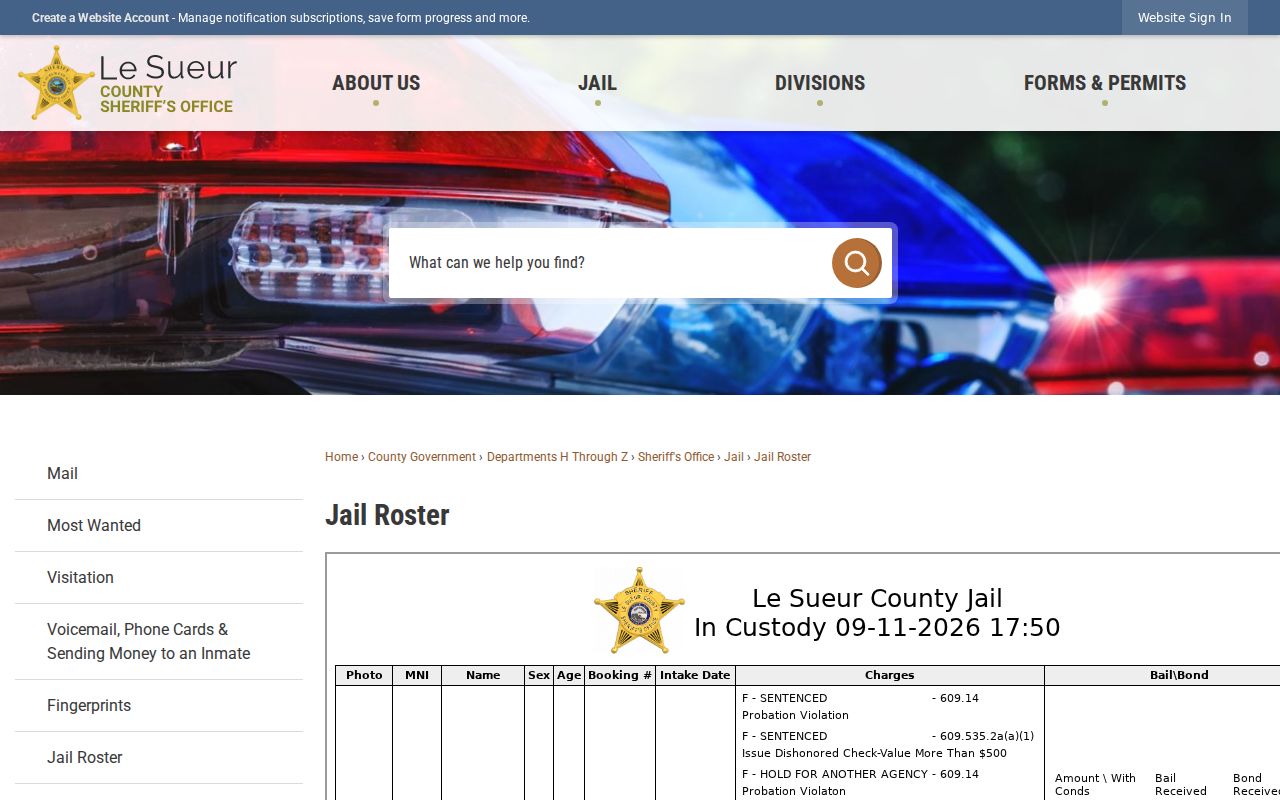 Le Sueur County jail roster page shell, not a warrant records list