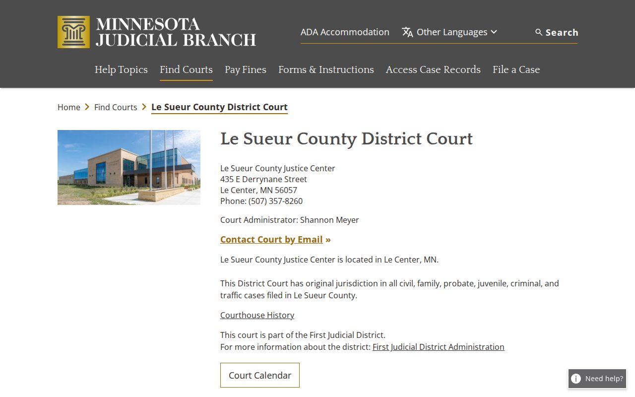 Le Sueur County Justice Center court page for warrant records and case questions