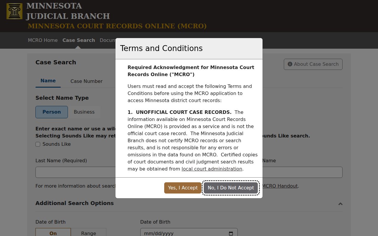 Minnesota Court Records Online search tabs used for Le Sueur County warrant records lookups