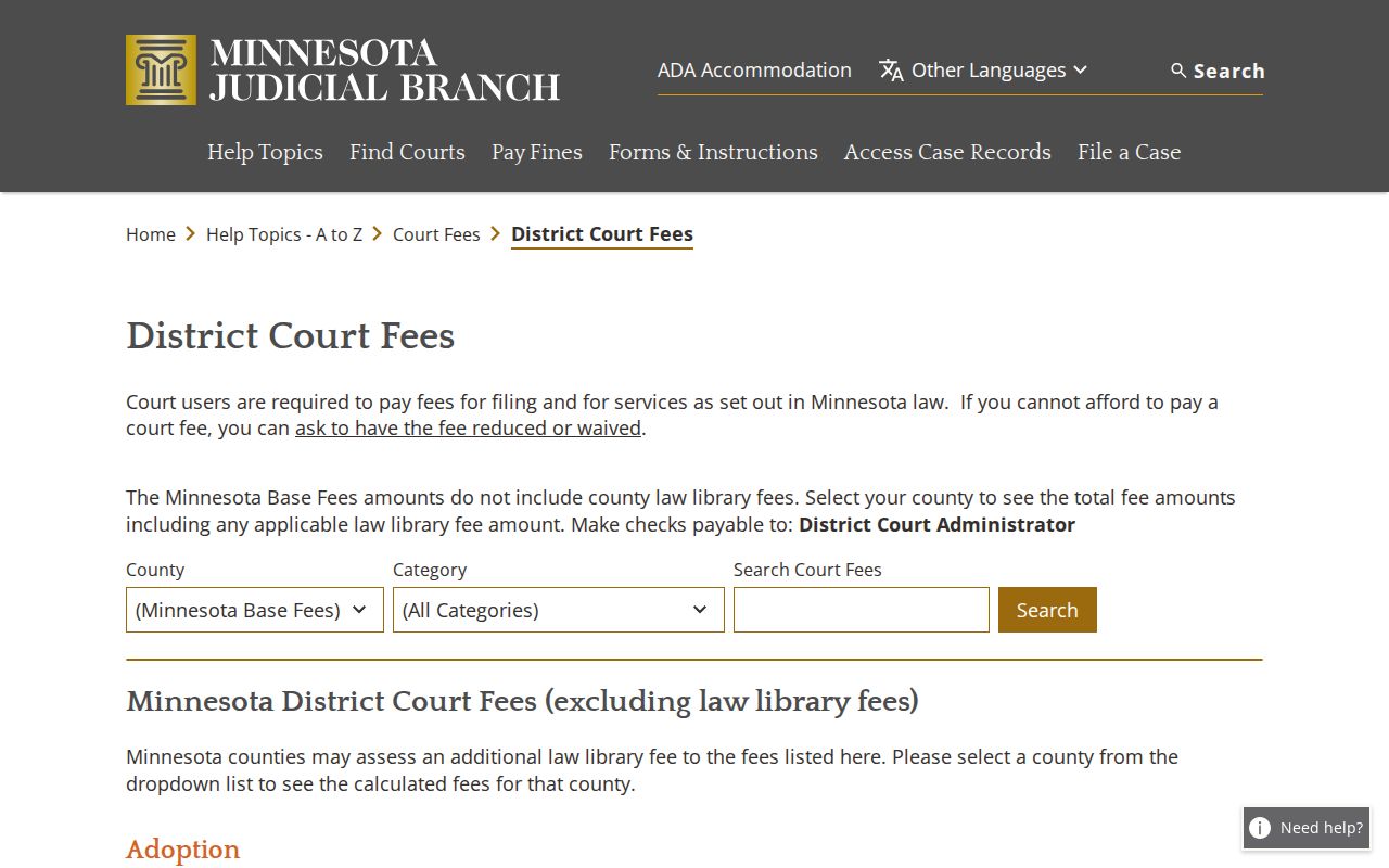 Minnesota district court fee schedule page for Le Sueur County traffic warrant copy requests