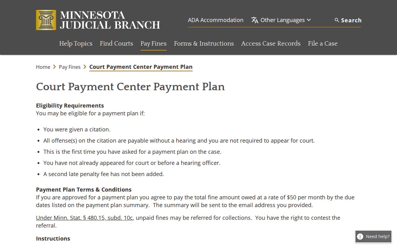 Minnesota payment plan form fields used to resolve a Le Sueur County traffic warrant