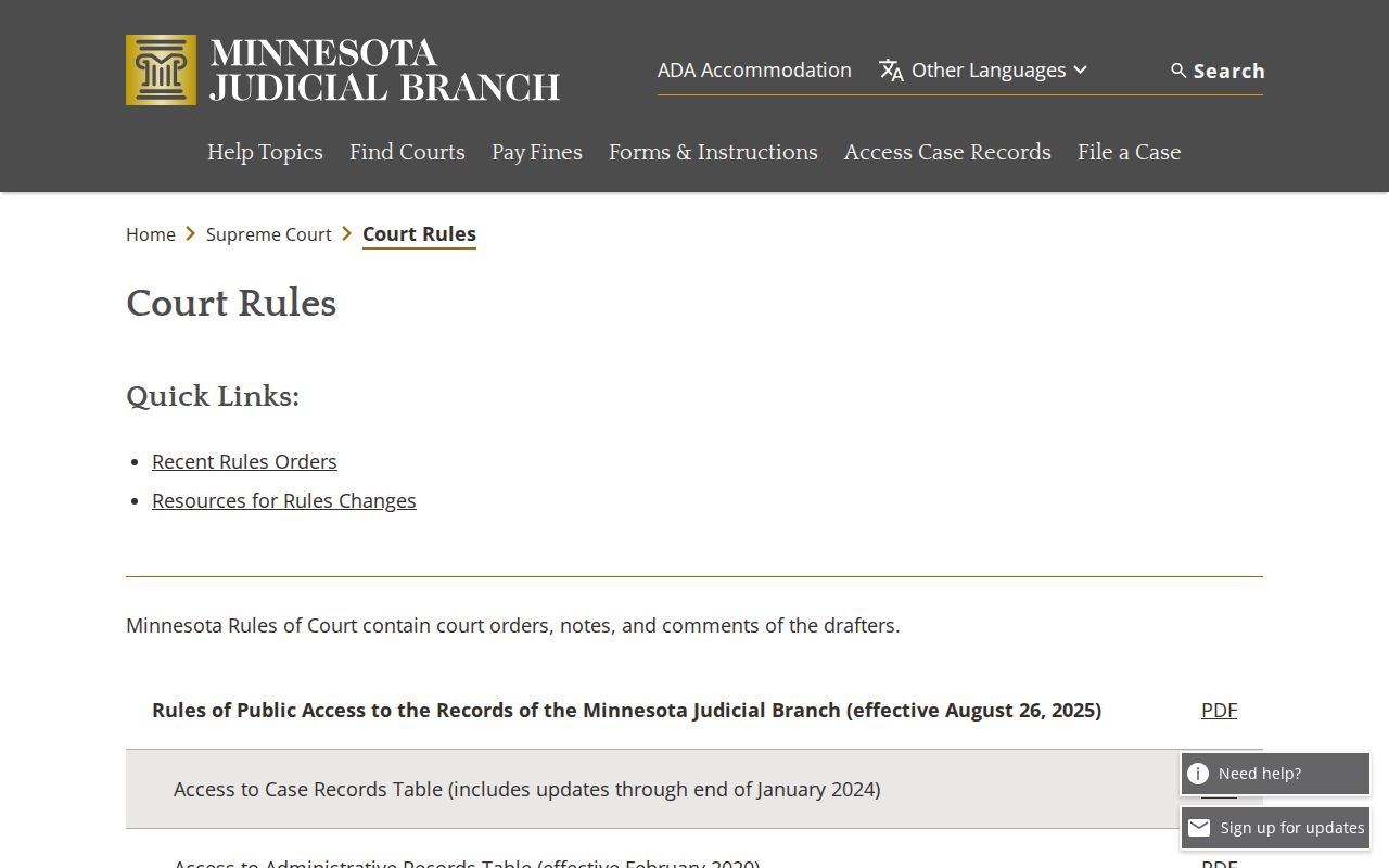 Minnesota court rules index used for Le Sueur County bench warrant questions