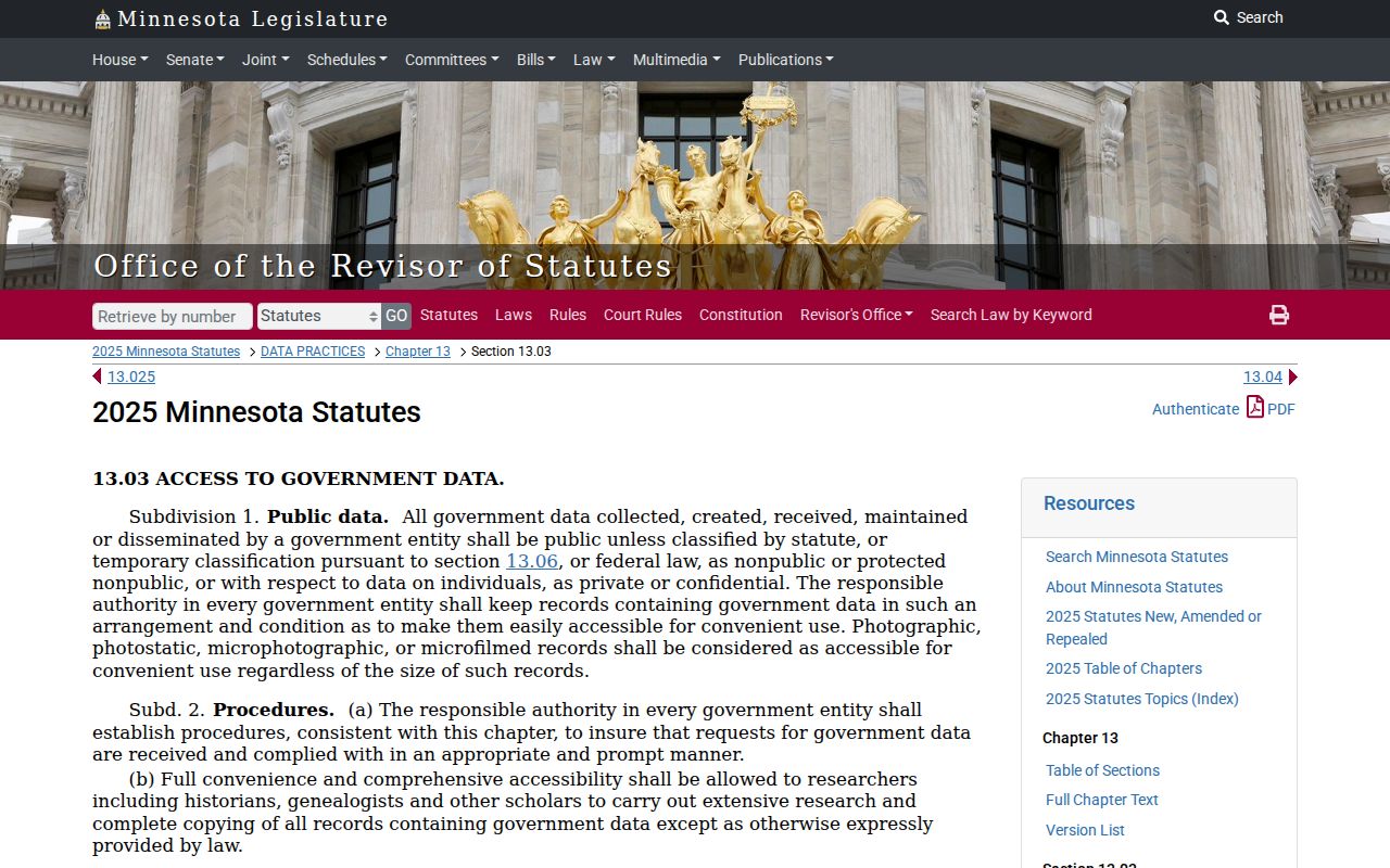 Minnesota public data statute page for Le Sueur County warrant records access rules