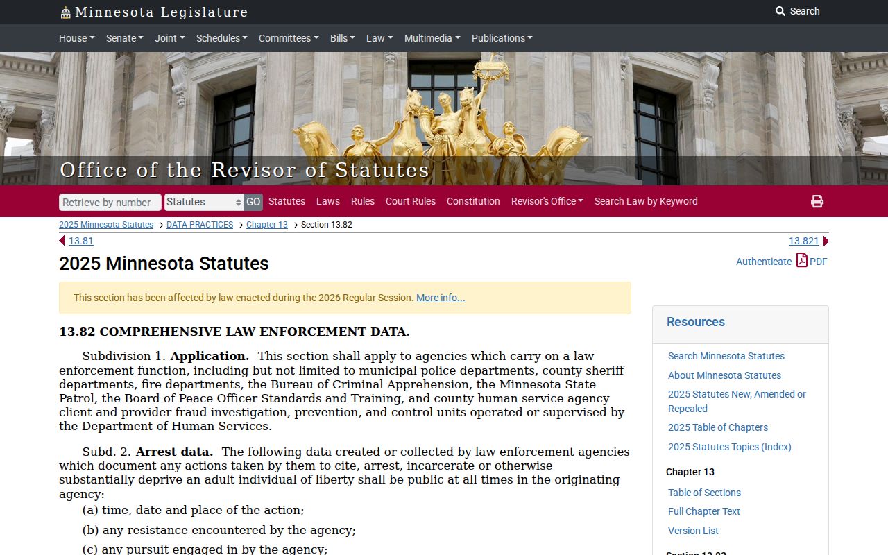 Minnesota law enforcement data statute covering Le Sueur County arrest warrant index confidentiality