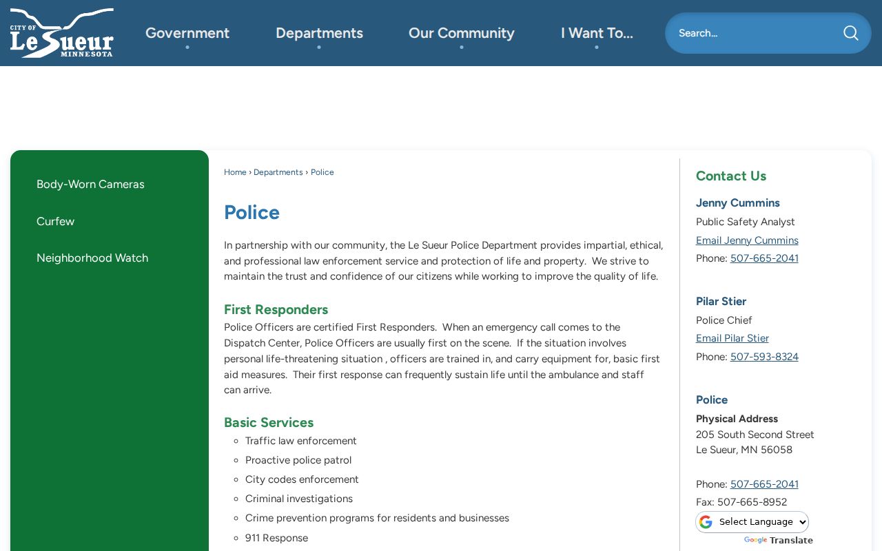 Le Sueur police department page listing city police services for warrant record questions