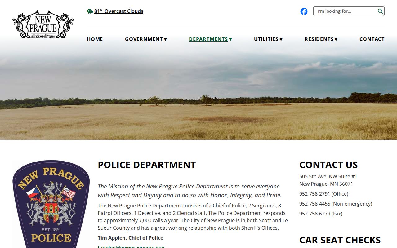 New Prague police page describing two-county service relevant to warrant record searches