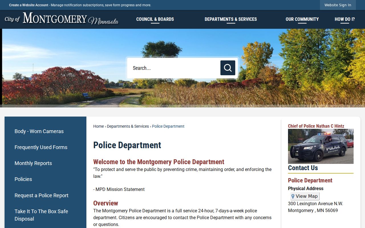 Montgomery police department page listing the chief and lobby hours for warrant record questions