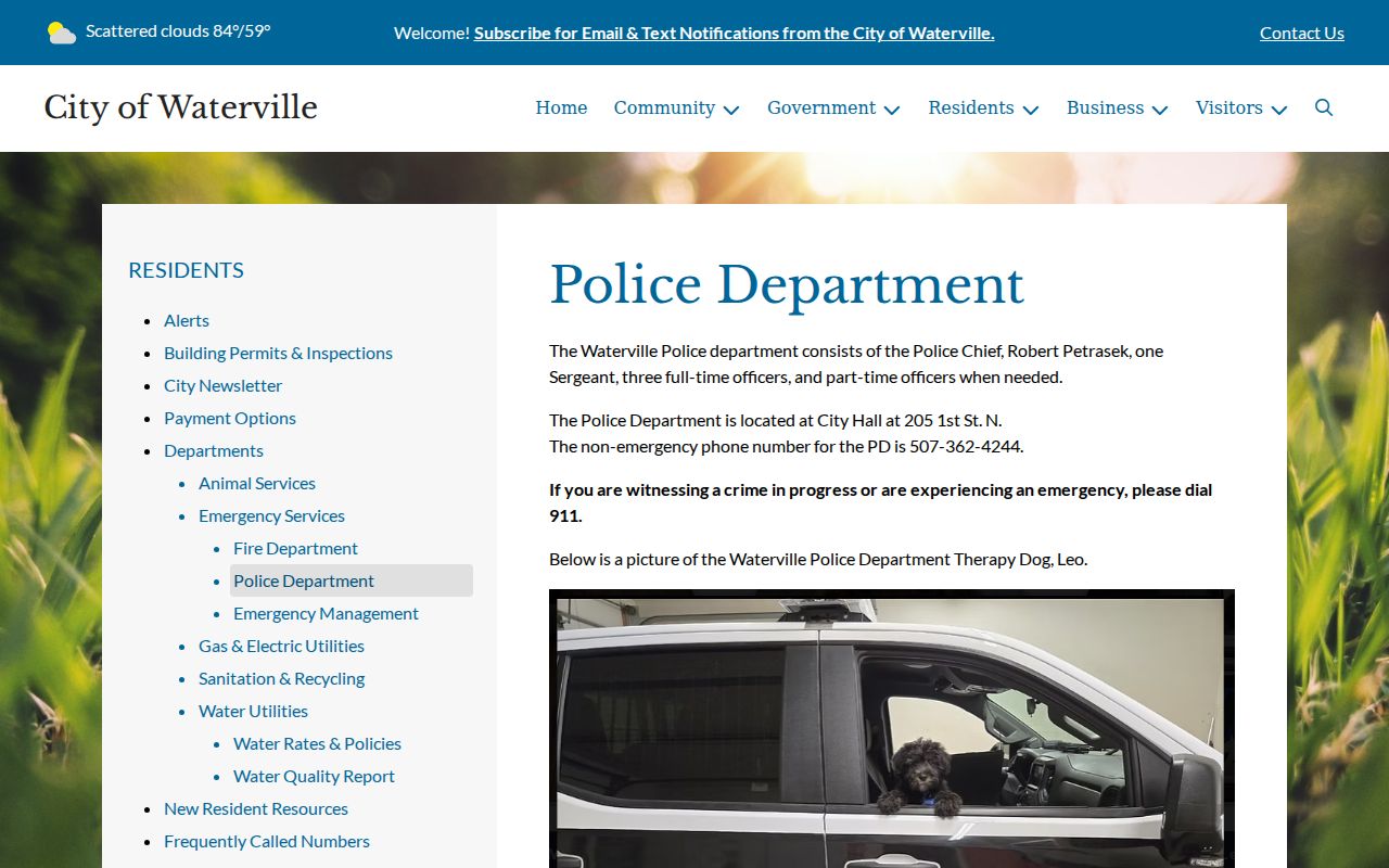 Waterville police department page listing the chief and city hall location for warrant questions