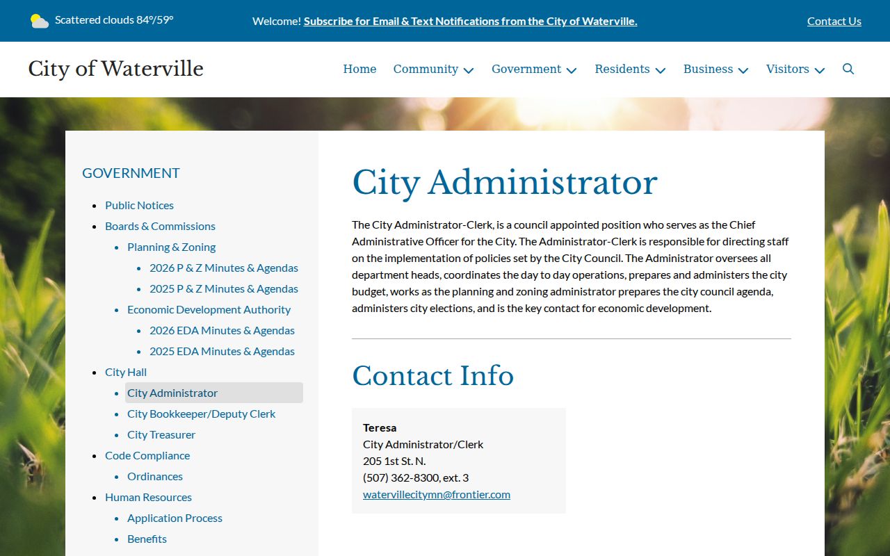 Waterville city administrator and clerk page for city hall warrant record requests