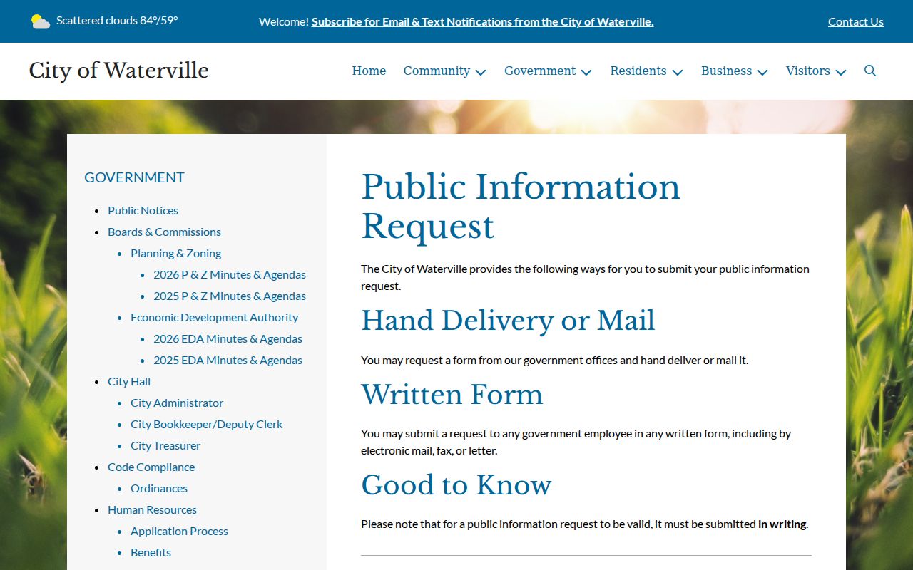 Waterville public information request page for written warrant record requests