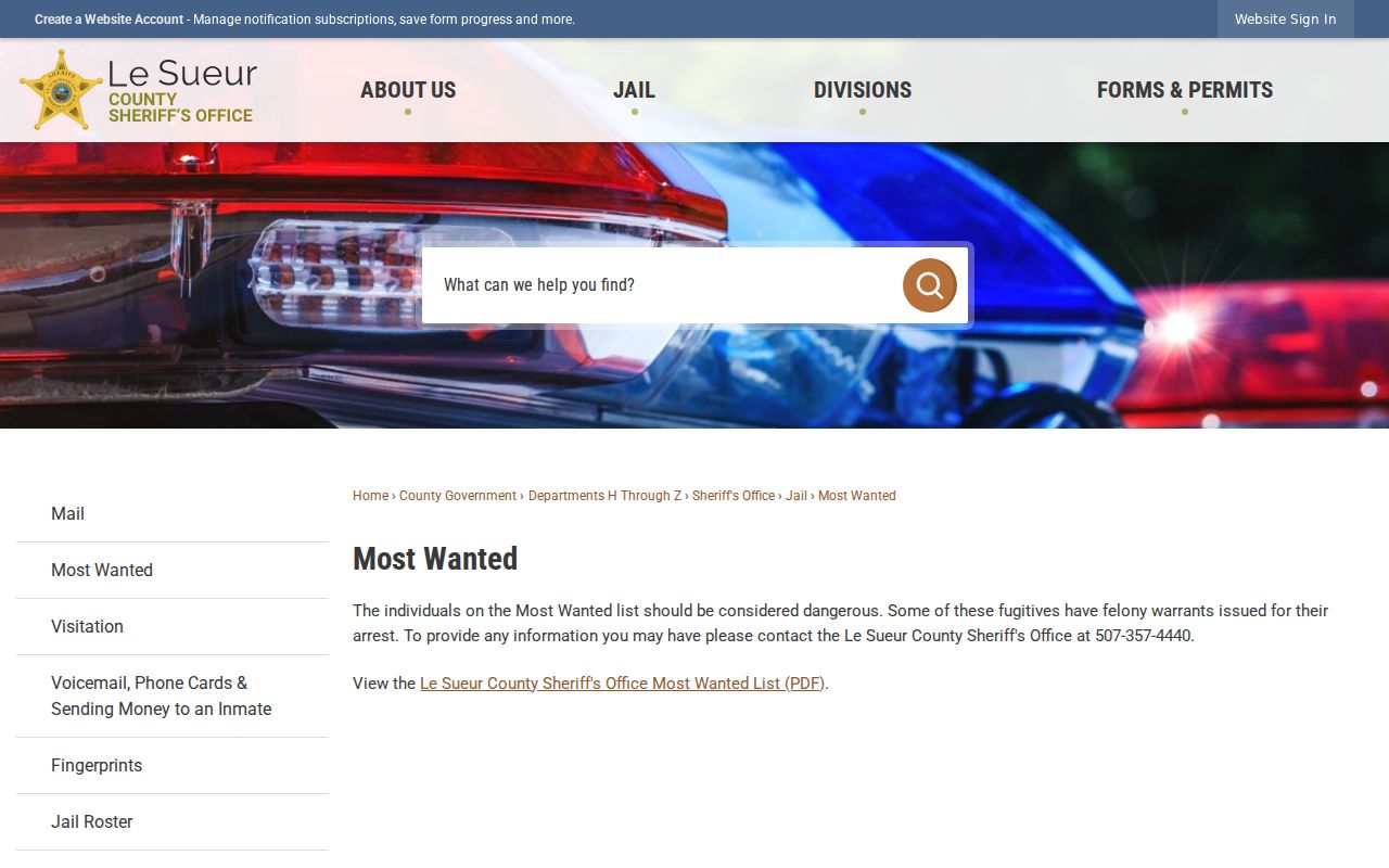 Le Sueur County most wanted program page warning and sheriff contact line