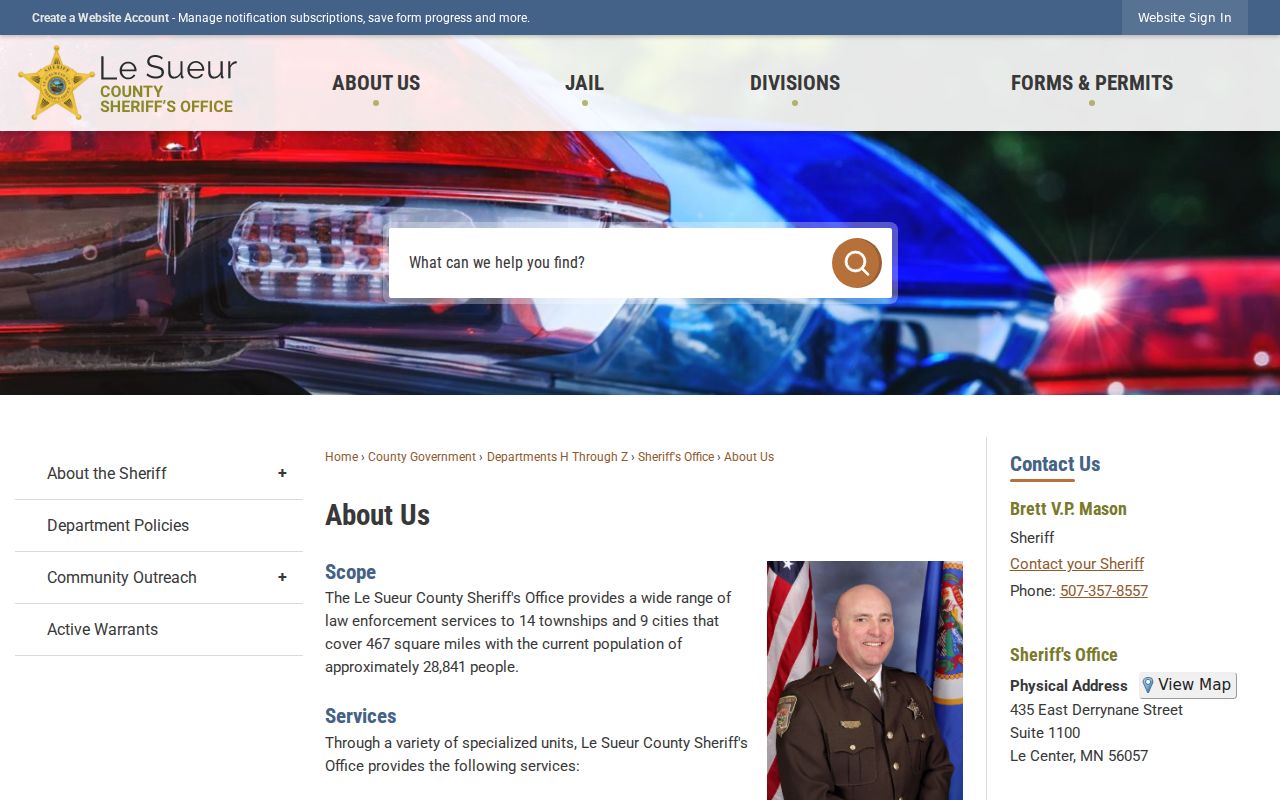 Le Sueur County Sheriff's Office mission page used for warrant records questions
